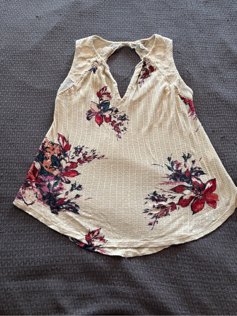 Lucky Brand Sleeveless Cream Floral Keyhole Back Waffle Knit w/ Crochet Neckline